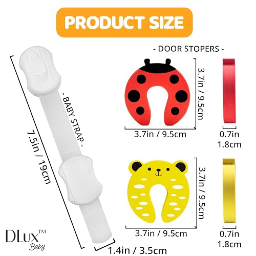 DLux Child Locks for Cabinets & Door Finger Pinch Guard - 10 Pack Baby Proof Cabinet Latches & 2 Pcs Door Stoppers for Baby Proofing - Easily Apply on Wood, Metal, Plastic, Cupboards, Doors, Fridge