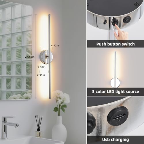 Image of Battery Operated wall Sconce Set of 2, Chrome 27.5 inch LED USB Rechargeable dimmable wall Sconce with Remote Control, Rotate 350 for Living Room, Bedroom, Hallway and scones Lighting