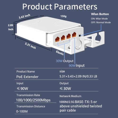 Image of 4 Port Outdoor 2.5Gbps PoE Extender 1 in 3 Out-IEEE 802.3af /at, 90W in 30W Out Waterproof PoE Repeater with 100 /1000 /2500Mbps, Vlan, PD Auto-Detection, Extend to 100m, Wall Mount Plug & Play