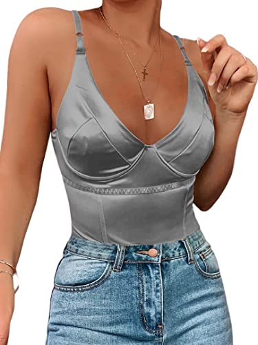 Dlsave Sexy Neon Corset Top For Women Deep V Neck Satin Bodysuit Going Out Tank Tops #TOP5