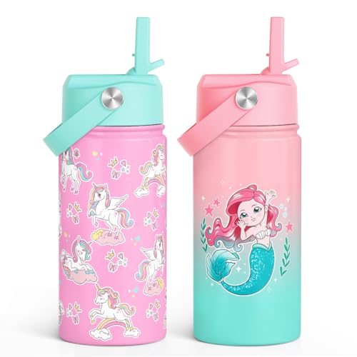 Image of SANDJEST Kid Water Bottle 12oz with Straw Lid - 2-Pack Insulated Stainless Steel Water Bottles for Kids Girls - Travel Cup for School Sports, Unicorn & Mermaid