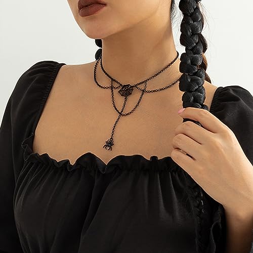 ALoveSoul Halloween Spider/Black Rose Layered Choker Gothic Tassel Collar Necklace2