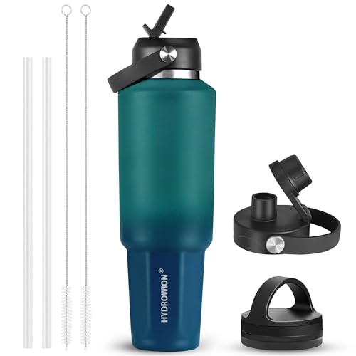 Image of HYDROWION 32 oz Insulated Water Bottle, Car Water Bottle Holder - Double Wall Vacuum Insulated Travel Bottle with Straw Lid, Spout Lid and Flex Cap - Cold for 24H, Hot for 12H, Blue - Lake Green