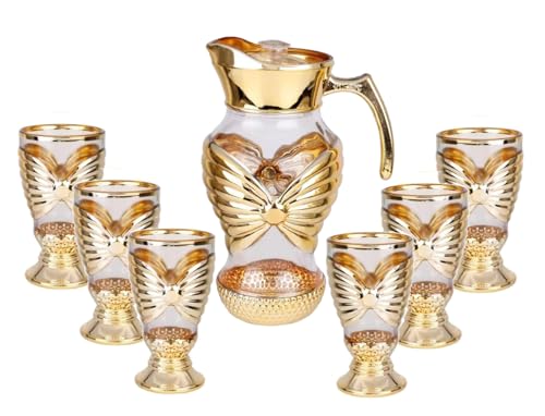 Image of Crystal Golden Water and Juice Glasses Set of 6 and Jug 1 piece Transparent, Glass and Jug Set for Dining Table,Party,Gift Set,All pourpse use Set of 1 (7 piece) (MT-5)