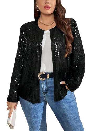 Floerns Women's Contrast Sequin Shiny Long Sleeve Open Front Party Jacket