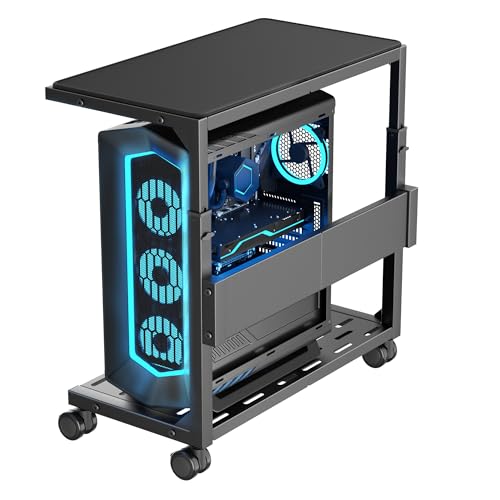 Aquzee PC Ständer Höhenverstellbarer Computer Tower Ständer Metall PC Rollwagen Computer Stand Beistelltisch Schwarz 2 Regal PC Halterung Unter Schreibtisch Computerschrank für Gehäuse