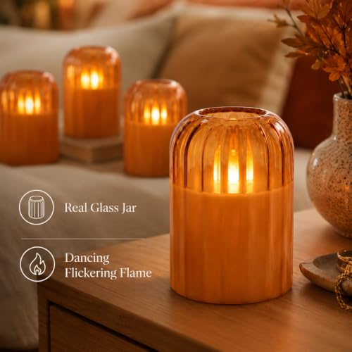 Image of Lezonic Orange Glass Flameless Candles with Remote & Timer, Set of 4 Real Wax LED Pillar Candles with Dancing Flickering Flame, 3 inch x 4 inch /5 inch, Fall Halloween Thanksgiving Christmas Decorations