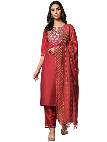 Image of VredeVogel Women's Cotton Silk Blend Embroidered Viscose Print Kurta Pant With Dupatta Set