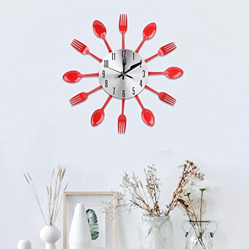 Omabeta Noiseless Stainless Steel Cutlery Clock,Kitchen Cutlery Wall Clocks with Spoons and Forks, Wall Clock for Kitchen Restaurant Home Decoration Without Battery(Red)