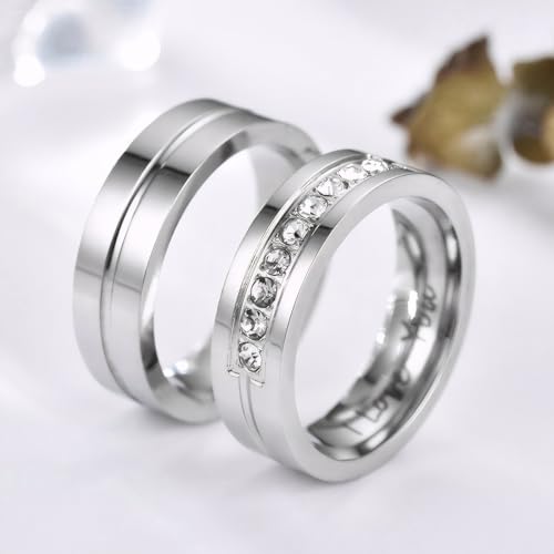 His & Hers Couple Ring Promise Ring Stainless Steel Couple Wedding Engagement Bands Cubic Zirconia CZ Band for Women Men Lovers Matching Princess Cut Bridal Jewelry Gifts Comfort Fit Size 5-143
