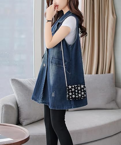 Womens Sleeveless Lightweight Long Denim Vest With Pockets Vintage Button Down Loose Jean Jacket4