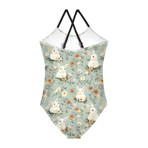ALAZA Cute Bunny Rabbit Flower Blossom Girls Swimsuit Bathing Suit Beach Swimwear One Piece 3-10T2
