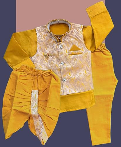 Image of Little Kids Ethnic Wear Kurta Pyjama and Waistcoat Set For Boys | Stylish Ethnic Wear | 3-piece set | Silk and Cotton Blend Fabric