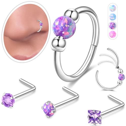 Opal Nose Rings Hoops and Corkscrew Nose Studs Sets for Women Men,Hypoallergenic 316L Surgical Stainless Steel Hinged Clicker Segment Nose Rings Hoop Helix Cartilage Daith Tragus Sleeper Earring - Main Image