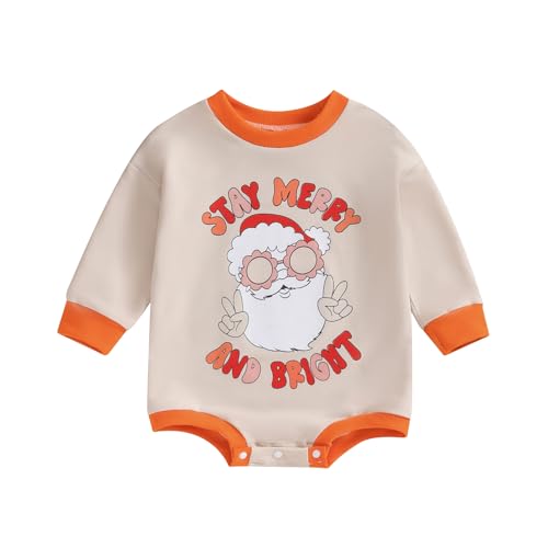 Baby Christmas Outfit Newborn Onesie Girl Boy Color Block Long Sleeve Sweatshirt Romper Santa Baby Clothes (Santa Clus Beige, 6-12 Months)