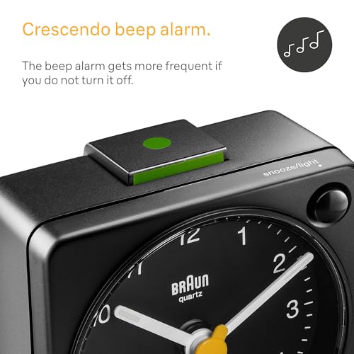 Image of Braun Classic Travel Analogue Alarm Clock with Snooze and Light, Compact Size, Quiet Quartz Movement, Crescendo Beep Alarm in Black, Model BC02XB.