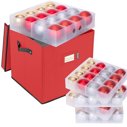 BALEINE Christmas Ornament Storage Box with Dividers, Premium Holiday Ornaments Storage Container Bin for Xmas Decorations (64 Ball, Red, Hard)