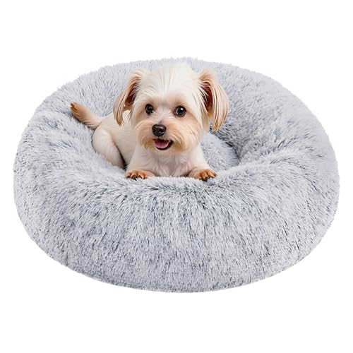 Feandrea Hundebett flauschig, Katzenbett, Donut Kissen, waschbar, Polsterung in der Mitte herausnehmbar, Langer Plüsch, 50 cm Durchmesser, Ombré-Grau...