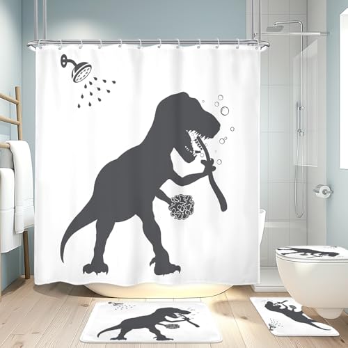 Image of 4PCS Dinosaur 71Wx71H Inches Funny Animal Dino Silhouette Shadow Kids Shower Curtain Sets with Rugs,Toilet Lid Cover and Bath Mat,for Boys Bath Accessories Art Home Decor Fabric 12 Pack Hooks