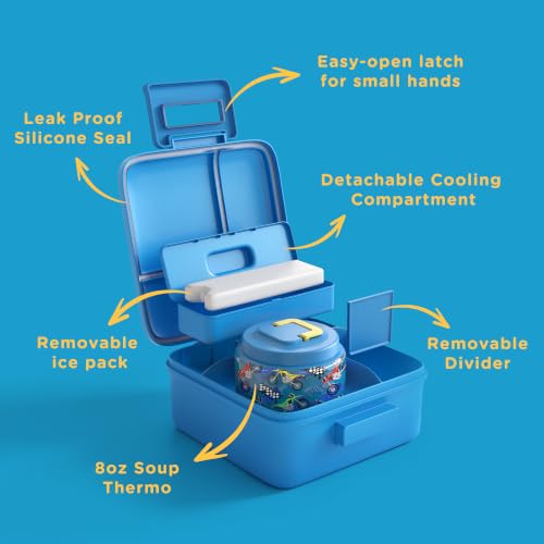 Image of JXXM Bento Lunch Box for Kids With 8oz Soup thermo,Leak-proof Lunch Containers with 5 Compartment,thermo Food Jar and Lunch Bag, Food Containers for School (A-Blue(Extreme Locomotive))