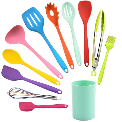 12 Pcs Silicone Cooking Utensils Set - Heat Resistant Kitchen Tools with Ladle, Turner, Tongs, Pasta Fork, Spoonula, Small Spatula, Holder, Non-Stick, Dishwasher Safe (Multicolor)