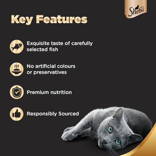 Image of Sheba Premium Wet Cat Food for Adult, Fish Mix (Skipjack & Salmon), 35g Pouch (Pack of 4)