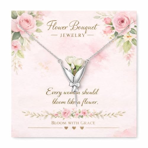 Flower Holder Necklace Flower Bouquet Necklace Graduation Teacher Necklaces 2026 Thank You Appreciation Gifts for Teacher DIY Bouquet Pendant Dainty Bow Floral Vase Brides Wedding Prom Jewelry Gift