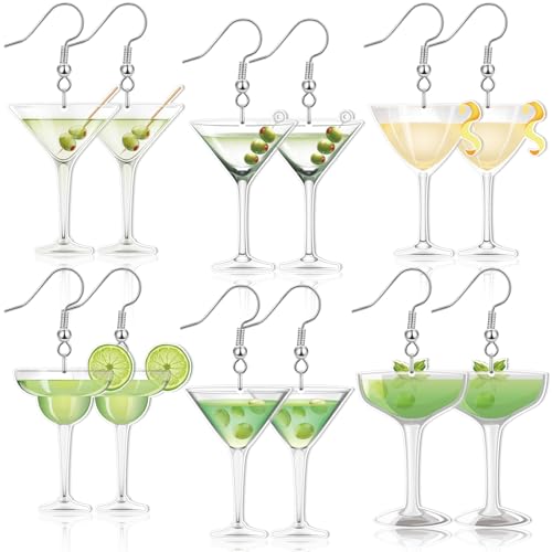 Nosiny 6 Pairs Funny Acrylic Drop Dangle Earring Jewelry Pickle Martini Lemons Earrings 6 Styles Lifelike Dill Cucumber Cocktail Cup Lemon and Flower Cute Weird Jewelry for Women(Martini)