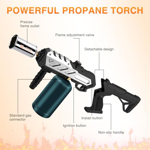 Image of ARTFLAMM Powerful Propane Torch Gun, Kitchen Grill Torch with Detachable Design, Adjustable Flamethrower Torch Burner for Searing Steak, BBQ, Welding, Camping Charcoal Lighter(Tank Not Included)