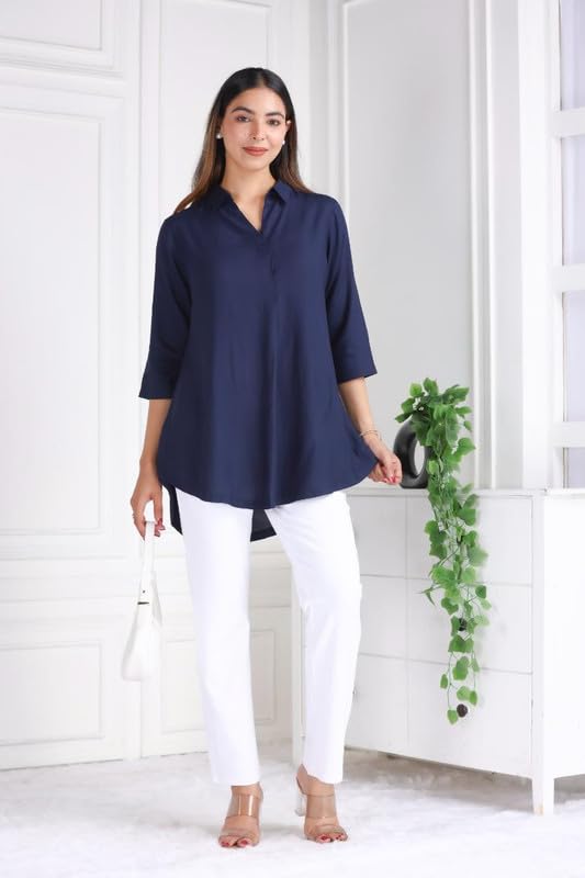 Image of Mlada Rayon Flare Top for Women | 3 /4th Sleeve Regular Fit and Flare Top | Women Office Tops Tunic | Western Long Shirt Top for Women | Shirt Collar Top for Women | Rayon Tunic Tops for Women Western