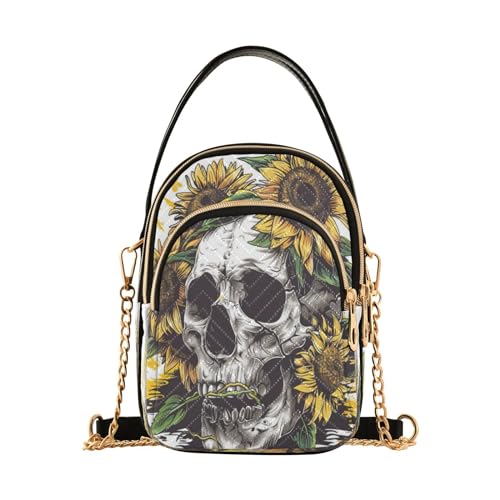 ALAZA Quilted Crossbody Bags for Women,Skull with Sunflowers Women's Crossbody Handbags Small Travel Purses Phone Bag