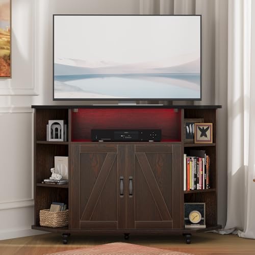 4 EVER WINNER Corner TV Stand, Farmhouse Corner TV Cabinet with LED Lights for 50 Inch, Adjustable Shelves, Corner TV Stand with Storage, Barn Doors for Living Room, Brown and Black