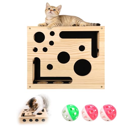 Sinbana Scatola di Arricchimento con Puzzle Tiragraffi per Gatti con 3 Palline a Forma di Campanello, Giocattolo Interattivo in Legno Lima Unghie per Gatti e Lima Unghie Antistress