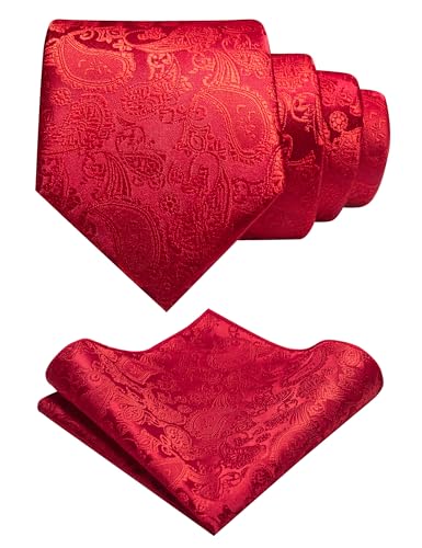 JEMYGINS Mens Red Paisley Necktie and Pocket Square with Tie Clip Sets (red2)