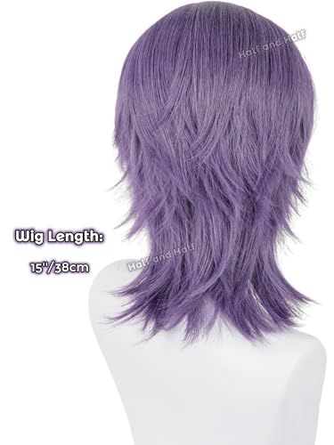 Image of Half and Half Gray Purple Wolf Cut Anime Cosplay Wig with Bangs 15'' Dark Purple Shoulder Length Middle Part Layered Wigs for Men Women Halloween Party Daily