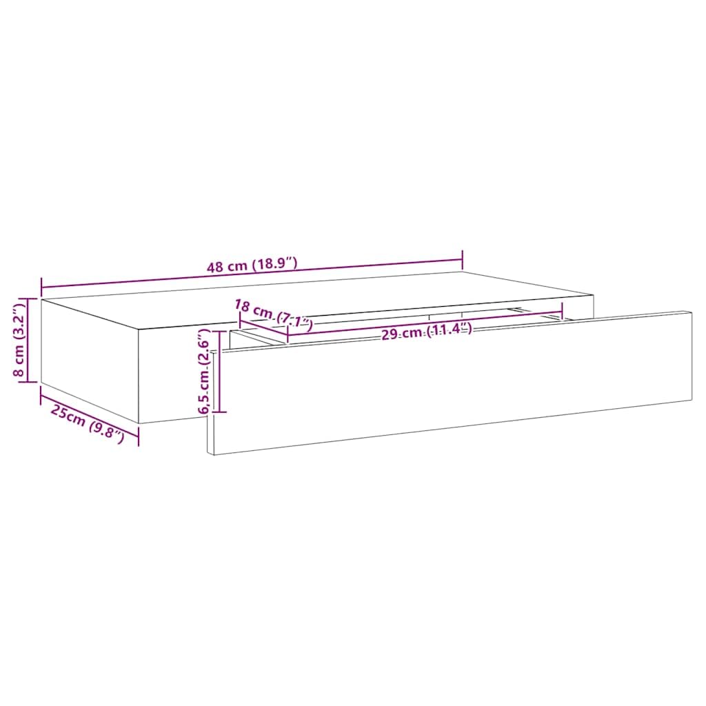 Regał wiszący z szufladą, czarny, z płyty MDF, 48 x 25 x 8 cm, regał ścienny, wąski, z niewidocznym systemem montażowym, regał na książki i dekoracje, regał wiszący do salonu i biura