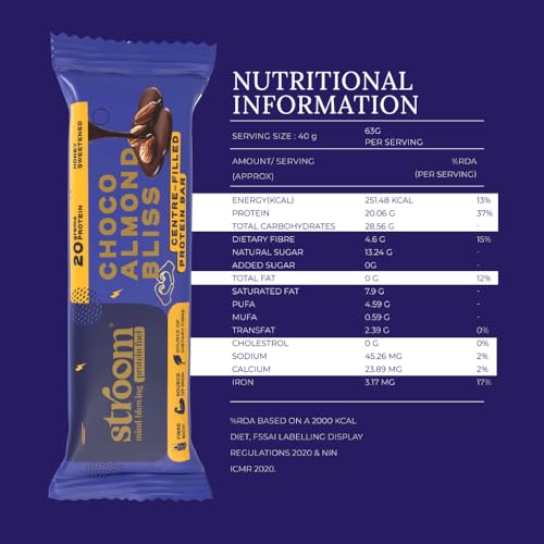 Image of STROOM Protein Bar Pack | Choco Almond Bliss | 20g Protein Bar | 5 Bars | Asia's first center filled Protein bar without sugar, gluten free, source of iron & calcium, natural antioxidants, 63g each.