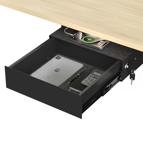 Image of Under Desk Lockable Drawer, Slide-Out Storage Organizer with Full Extension Ball-Bearing Slides, Carbon Steel Undermount Drawer for Home Office Standing Desk, Black, 13.8 Inch