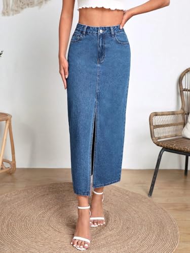 Image of Shasmi Women's Elegant Blue Solid High Waist Split Thigh Denim Maxi Skirt for Women's & Girl's (Skirt 180)