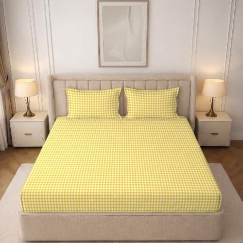 Image of MORADO Glace Cotton Flat Bedsheet for Double Bed with Zipper Pillow Covers, Soft Breathable Comfortable Bedding Sheet, Wrinkle Resistant Bed Cover for Bedroom Home Use 90x100 Inches,Yellow Check