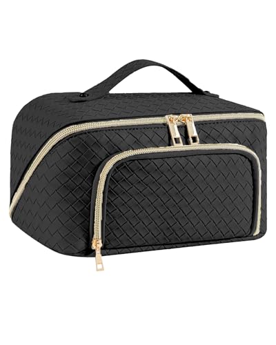 Groß Kosmetiktasche Schminktasche wasserdichte PU-Leder Reise Make-up-Tasche mit Große Weit Offener Tasche für Damen Frauen (Vintage-Schwarz)
