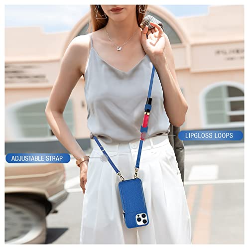 Zve Iphone 12/12 Pro Crossbody Wallet Case With Lipstick Loops, Rfid Zipper Phone Case With Card Holder Wrist Strap For Women, Leather Purse Cover Gift For Iphone 12/12 Pro(6.1 Inch), 5G-Navy Blue #TOP5