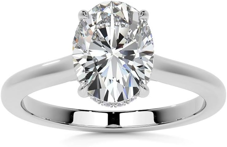 Oval Cut Moissanite Engagement Ring with Cathedral Style Hidden Halo Band | 1-10 Carat, D-VVS1 | Four Prong Halo Solitaire in Silver 925 with 18k White Gold Plating For Women