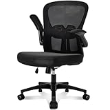 Durrafy Ergonomic Office Chair, 360° Swivel Desk Chair with Lumbar Support, Flip-up Armrests, Height Adjustable Mid-Back Computer Chair, Smooth Rolling Castors, Comfortable for Home/Office, Black