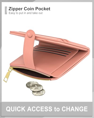 Image of Aiawoxc Womens Wallet, RFID Small Slim Wallets for Women, Compact Credit Card Holder, Cute Leather Bifold Ladies Purse with Zipper Coin Pocket and ID Window, Rose Red