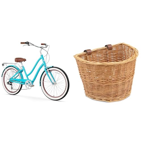 sixthreezero EVRYjourney Women's 7-Speed Beach Cruiser Bike Bundle with Front Wicker Basket for Cruiser and Comfort Bikes