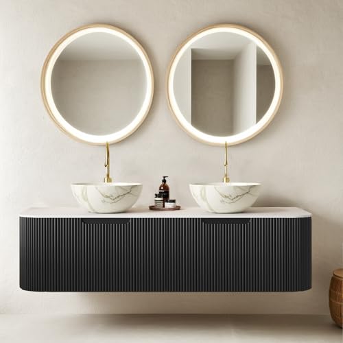 Ambrovina 60" Floating Bathroom Vanity with Double Sink, Modern Bathroom Vanities with Marble Countertop and Bowl Shape Ceramic Sink, Soft-Close Design, Pre-Assembled Natural Solid Wood Cabinet, Black