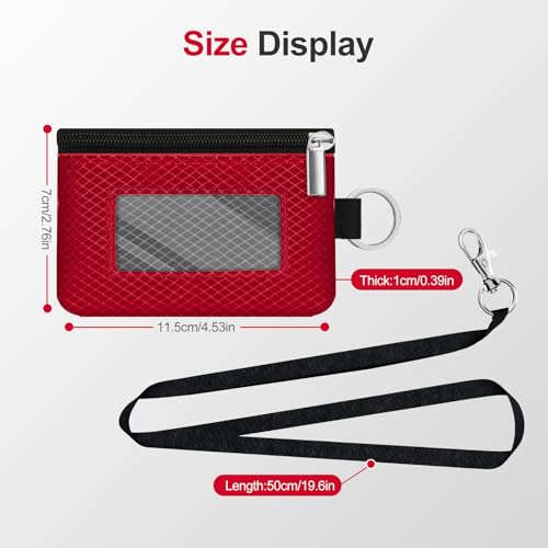 Image of Minimalist RFID Blocking Small Wallet with ID Window,WaterResistant Zip Id Case Wallet with Lanyard Keychain for Cards,Cash,Travel,Women,Men (Red /Dark Grey)