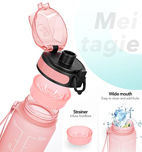 Image of Plastic 32Oz Motivational Water Bottle With Time Marker & Fruit Strainer, Leak-Proof Bpa Free Non-Toxic 1L Bottle With Carrying Strap For Fitness, Gym And Outdoor Sports (Rose Quartz)