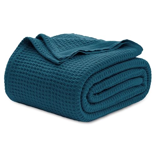 Image of Bedsure 100% Cotton Blanket Full Size for Bed - Cooling Breathable and Soft for Summer, Thick Cozy Waffle Weave Blanket Gifts for Women, Teal, 80x90 Inches